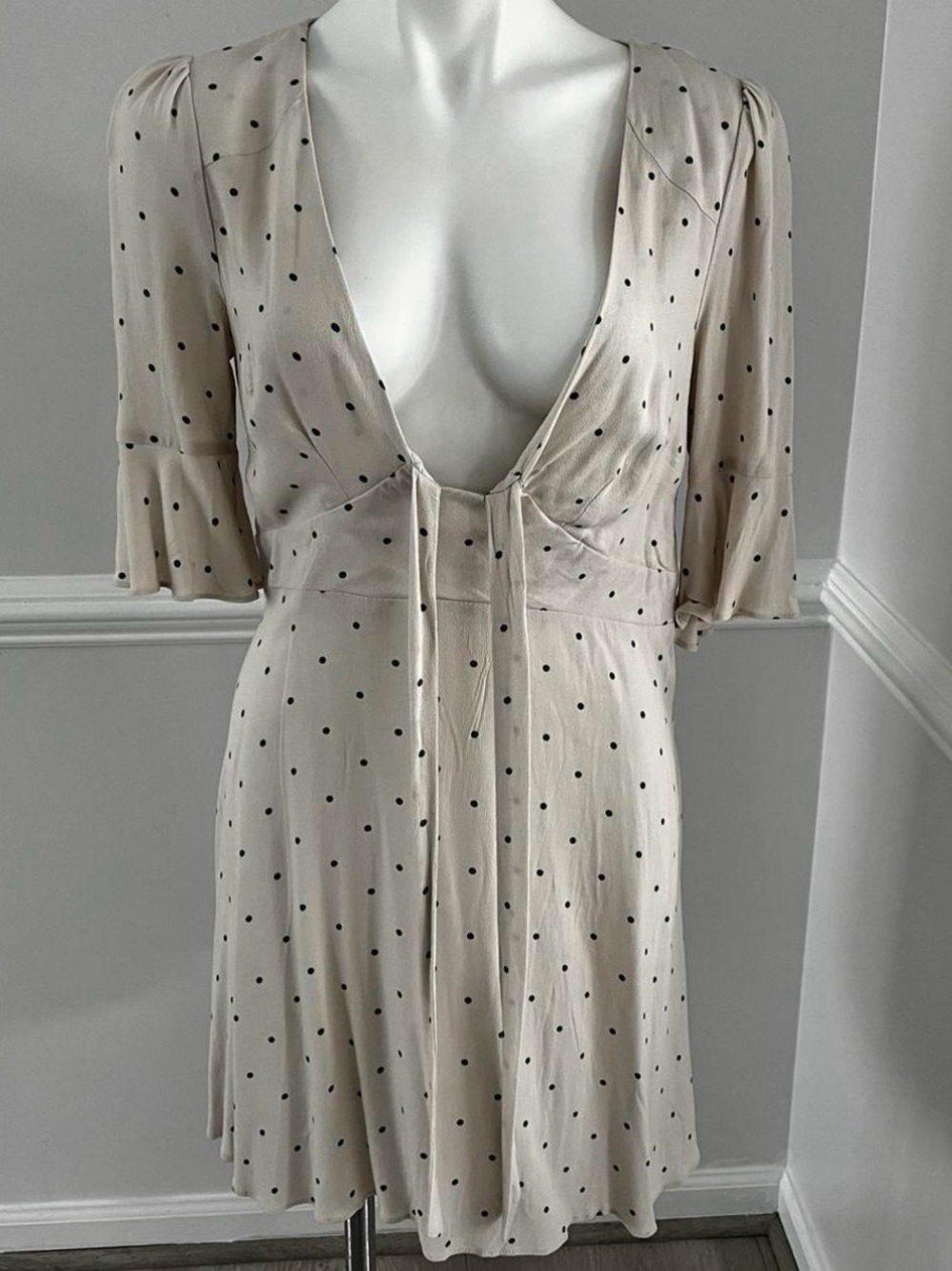 Free People Cream Polka Dot Deep V Mini Dress